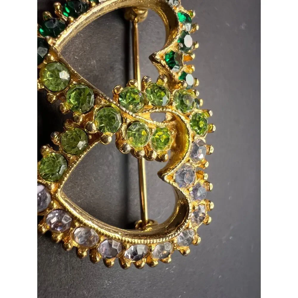 Vintage Gold Tone Double Heart Green Clear Rhinestone Brooch